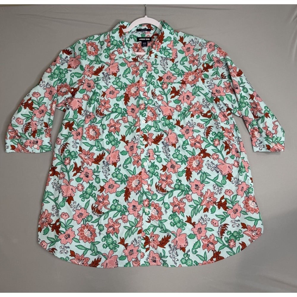 Lands' End Womens 18 Aqua Floral Button Up 3/4 Sleeve Supima No Iron Top Shirt